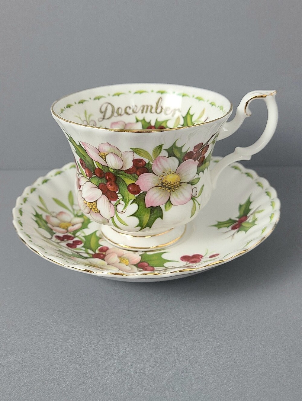 Royal Albert December Christmas Rose Flower Of The Month Teacup Saucer Set